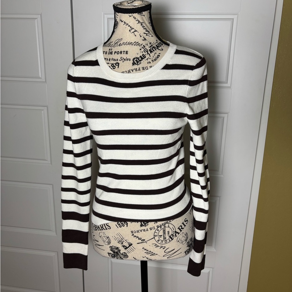 Maeve By Anthropologie Brown Striped Long Sleeve Rib Knit Sweater Top Baby Tee S